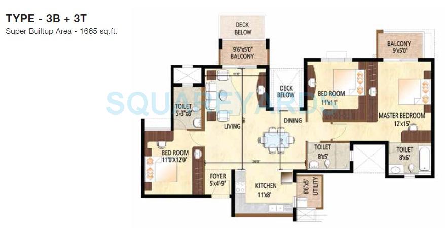 Floor plan of 3 BHK 1665 Sq. Ft. Apartment in Puravankara Sky Condos Series 1, Bangalore