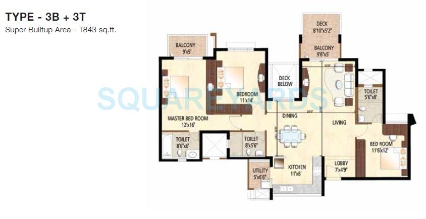 Floor plan of 3 BHK 1843 Sq. Ft. Apartment in Puravankara Sky Condos Series 1, Bangalore