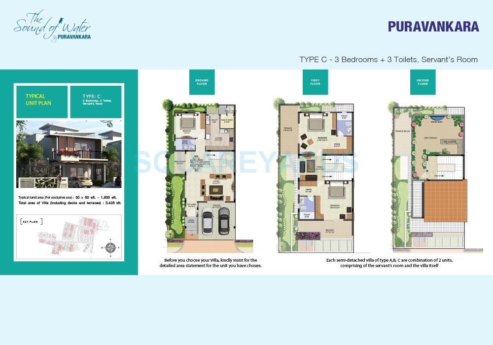 Floor plan of 3 BHK 3426 Sq. Ft. Villa in Puravankara The Sound of Water, Bangalore
