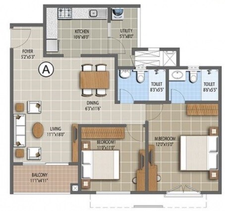 Floor plan of 2 BHK 1327 Sq. Ft. Apartment in Puravankara The Waves, Bangalore