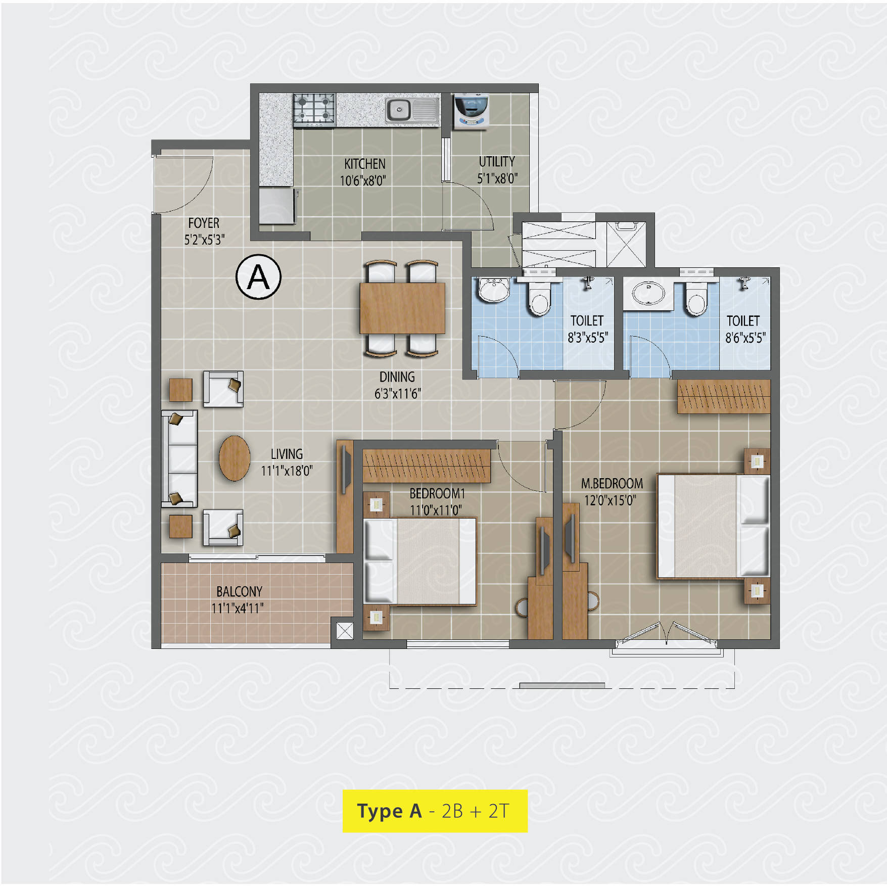Floor plan of 2 BHK 1346 Sq. Ft. Apartment in Puravankara The Waves, Bangalore