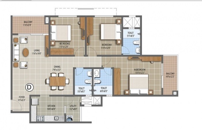 Floor plan of 3 BHK 1943 Sq. Ft. Apartment in Puravankara The Waves, Bangalore