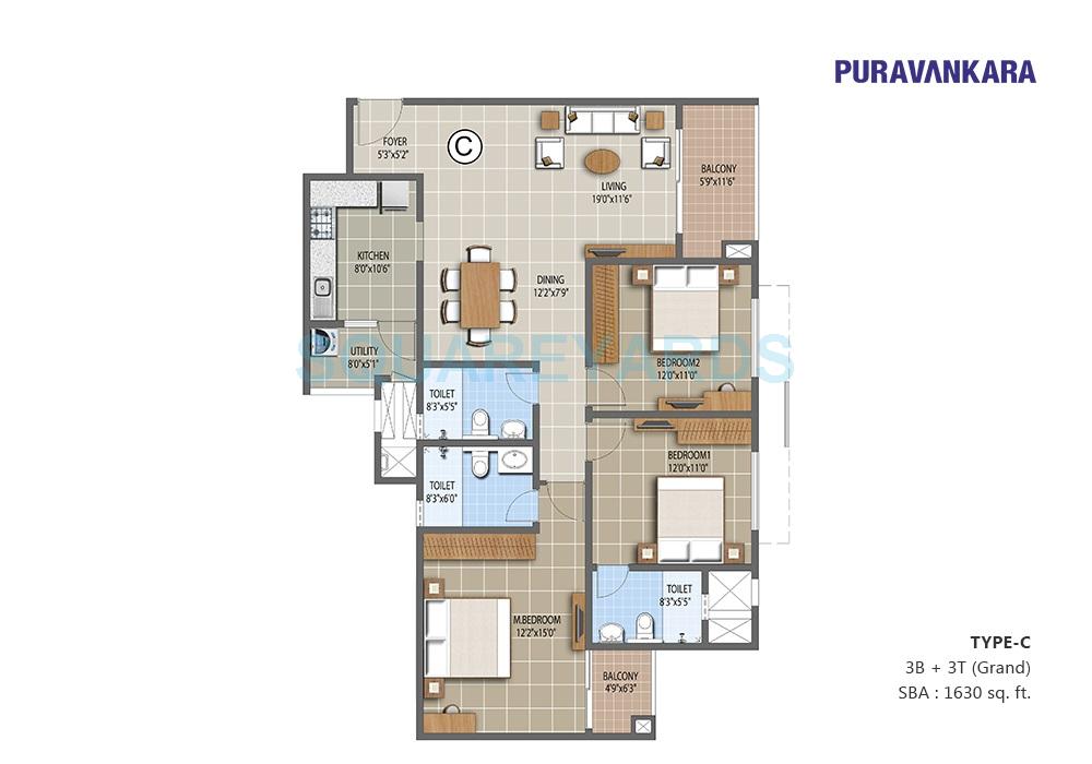 Floor plan of 3 BHK 1630 Sq. Ft. Apartment in Puravankara The Waves, Bangalore