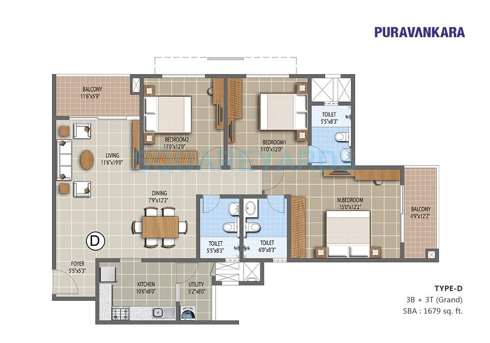 Floor plan of 3 BHK 1679 Sq. Ft. Apartment in Puravankara The Waves, Bangalore