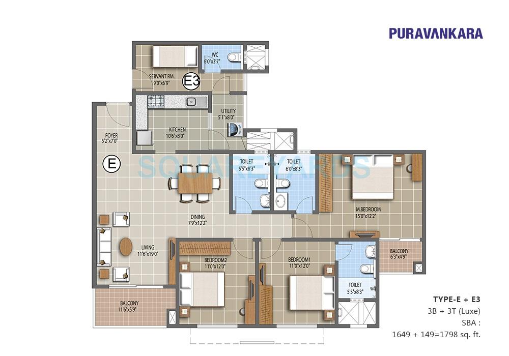 Floor plan of 3 BHK 1788 Sq. Ft. Apartment in Puravankara The Waves, Bangalore