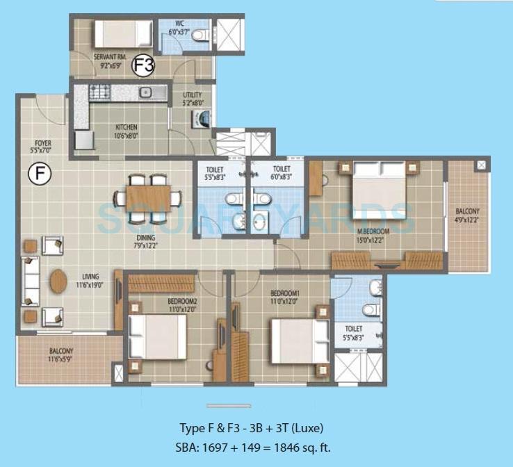 Floor plan of 3 BHK 1846 Sq. Ft. Apartment in Puravankara The Waves, Bangalore