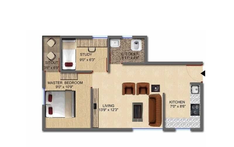 Floor plan of 1 BHK Apartment - 478 sq. ft. in Purnima Elite, Bangalore
