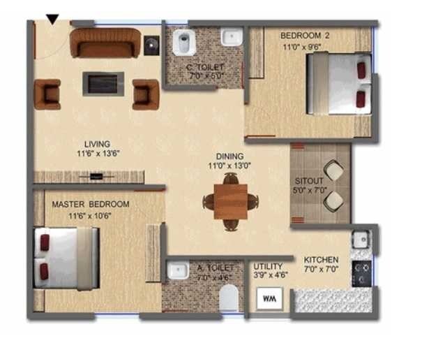 Floor plan of 2 BHK Apartment - 712 sq. ft. in Purnima Elite, Bangalore