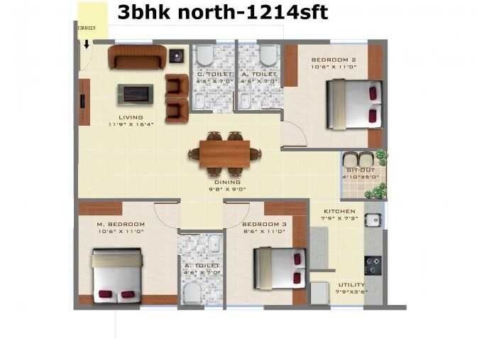 Floor plan of 3 BHK Apartment - 874 sq. ft. in Purnima Elite, Bangalore