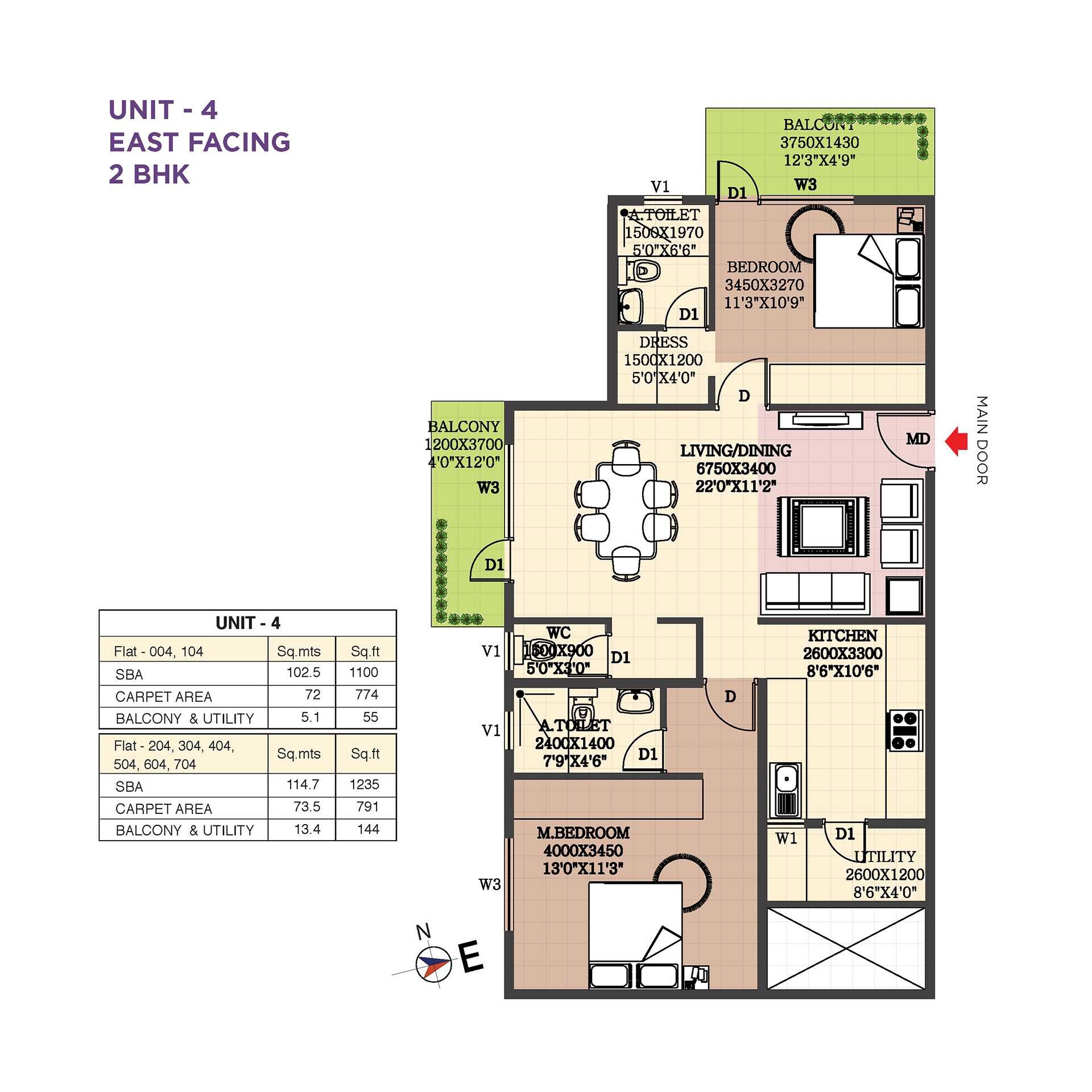 Floor plan of 2 BHK 1235 Sq. Ft. Apartment in Purple Habiqo, Bangalore