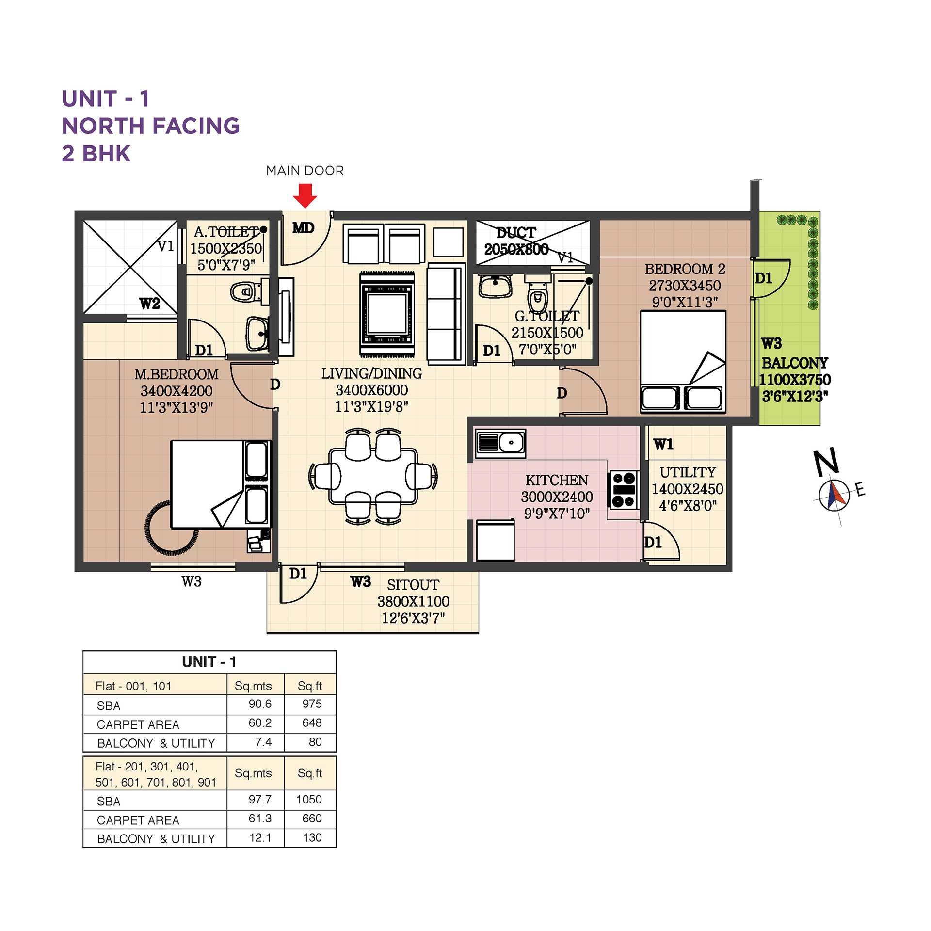 Floor plan of 2 BHK 975 Sq. Ft. Apartment in Purple Habiqo, Bangalore
