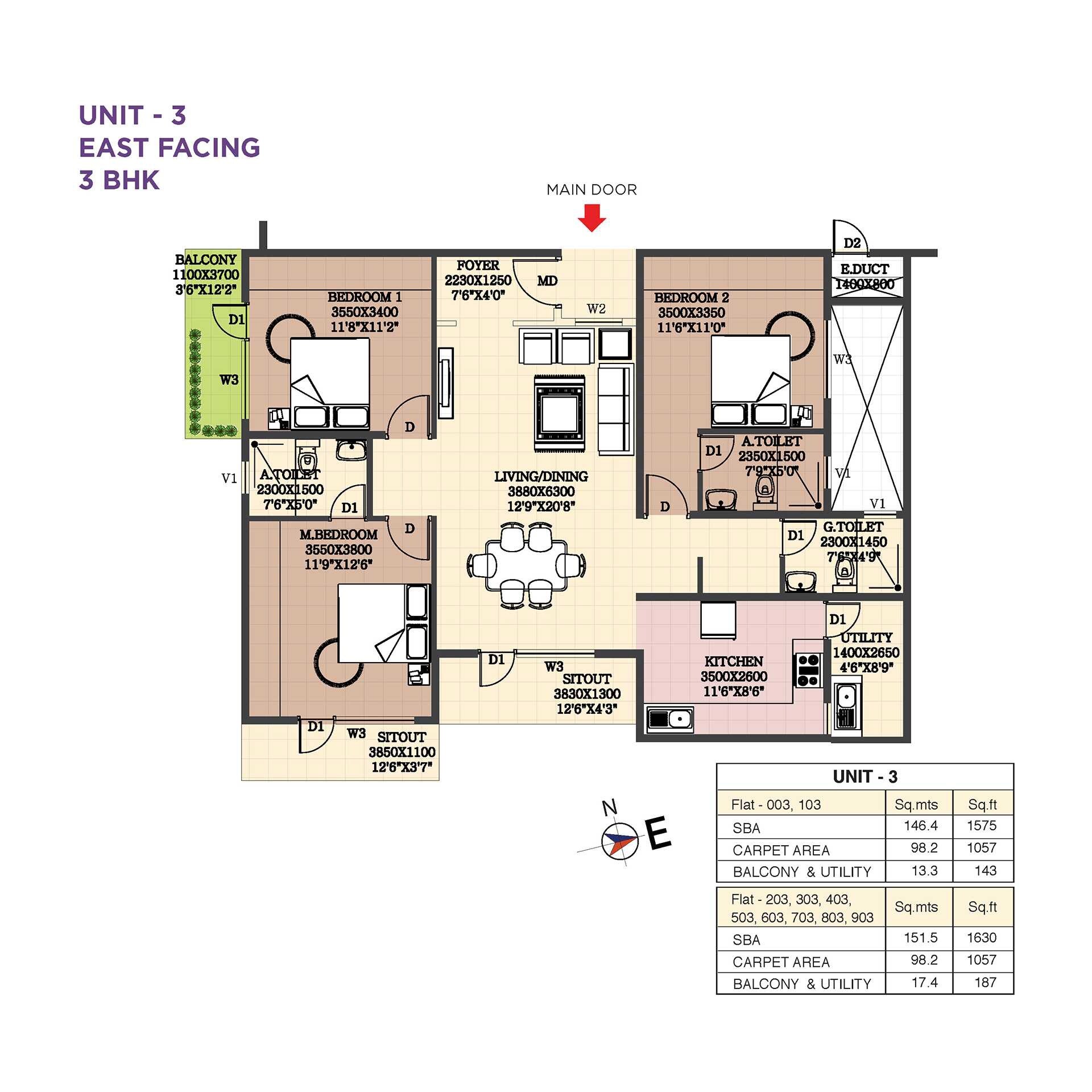Floor plan of 3 BHK 1630 Sq. Ft. Apartment in Purple Habiqo, Bangalore