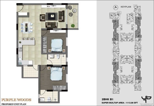Floor plan of 2 BHK 1113 Sq. Ft. Apartment in Purple Woods, Bangalore