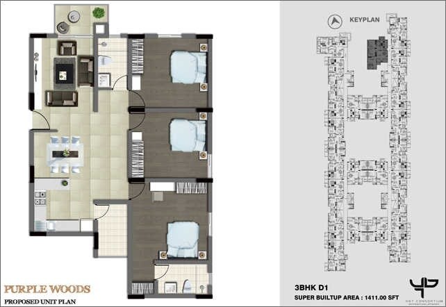 Floor plan of 3 BHK 1411 Sq. Ft. Apartment in Purple Woods, Bangalore