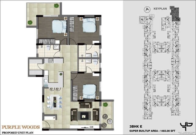 Floor plan of 3 BHK 1483 Sq. Ft. Apartment in Purple Woods, Bangalore