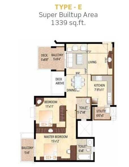 Floor plan of 2 BHK 1339 Sq. Ft. Apartment in Purva City of Gold, Bangalore