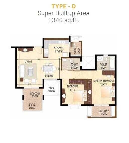 Floor plan of 2 BHK 1340 Sq. Ft. Apartment in Purva City of Gold, Bangalore