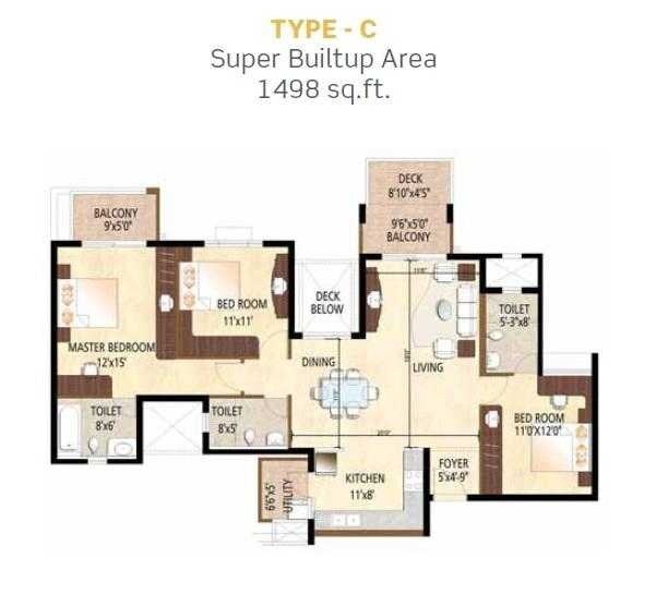 Floor plan of 3 BHK 1498 Sq. Ft. Apartment in Purva City of Gold, Bangalore
