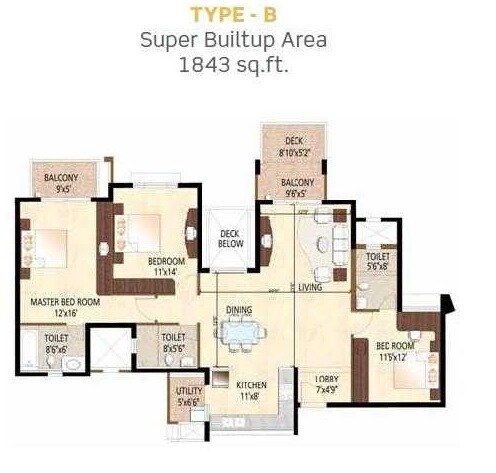 Floor plan of 3 BHK 1843 Sq. Ft. Apartment in Purva City of Gold, Bangalore