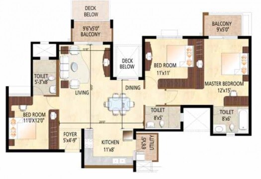 Floor plan of 3 BHK 1498 Sq. Ft. Apartment in Purva Gold Crest, Bangalore