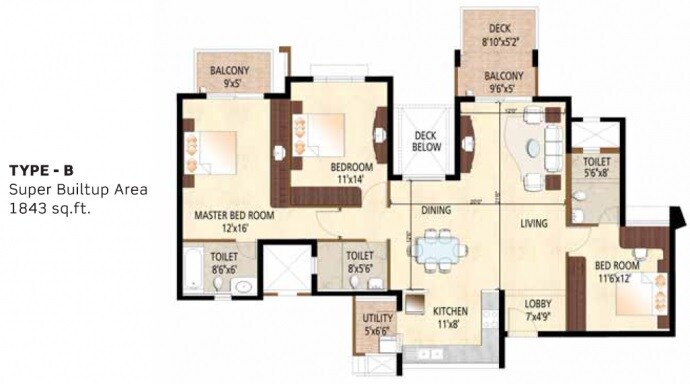 Floor plan of 3 BHK 1843 Sq. Ft. Apartment in Purva Gold Crest, Bangalore