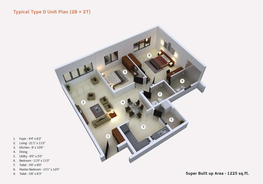 2 BHK 1225 Sq. Ft. Apartment in Purva Limousine Homes