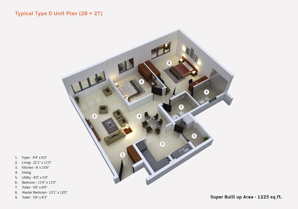 Floor plan of 2 BHK 1225 Sq. Ft. Apartment in Purva Limousine Homes, Bangalore