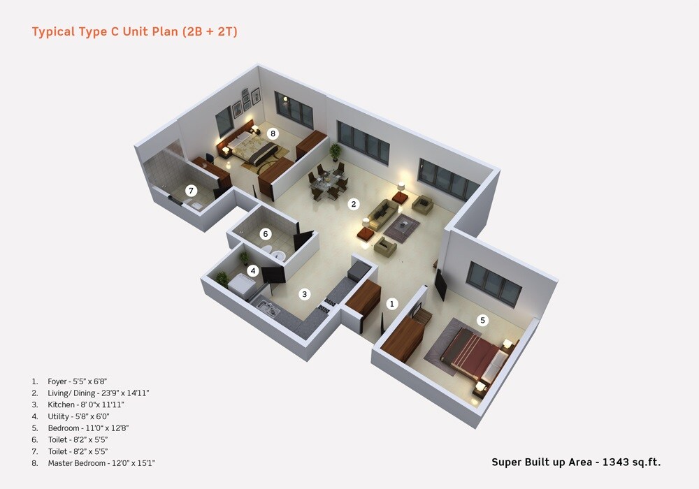 Floor plan of 2 BHK 1343 Sq. Ft. Apartment in Purva Limousine Homes, Bangalore