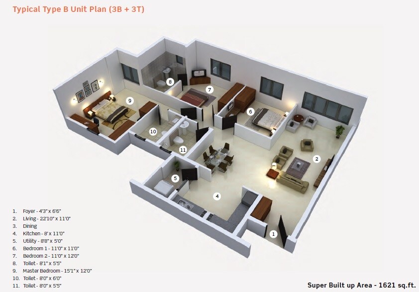 Floor plan of 3 BHK 1621 Sq. Ft. Apartment in Purva Limousine Homes, Bangalore