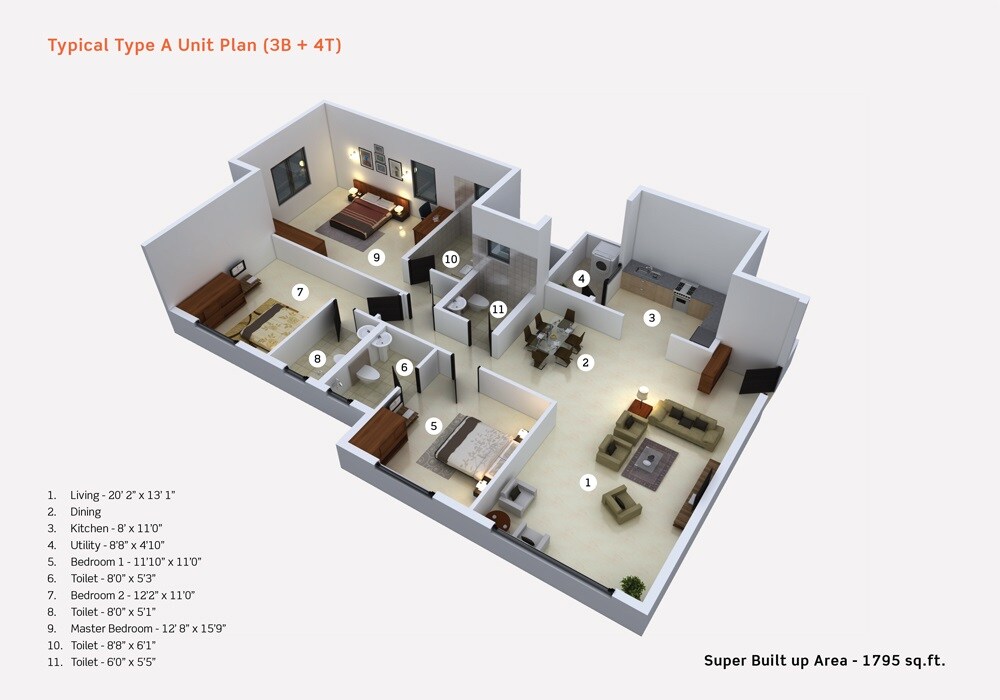 Floor plan of 3 BHK 1795 Sq. Ft. Apartment in Purva Limousine Homes, Bangalore