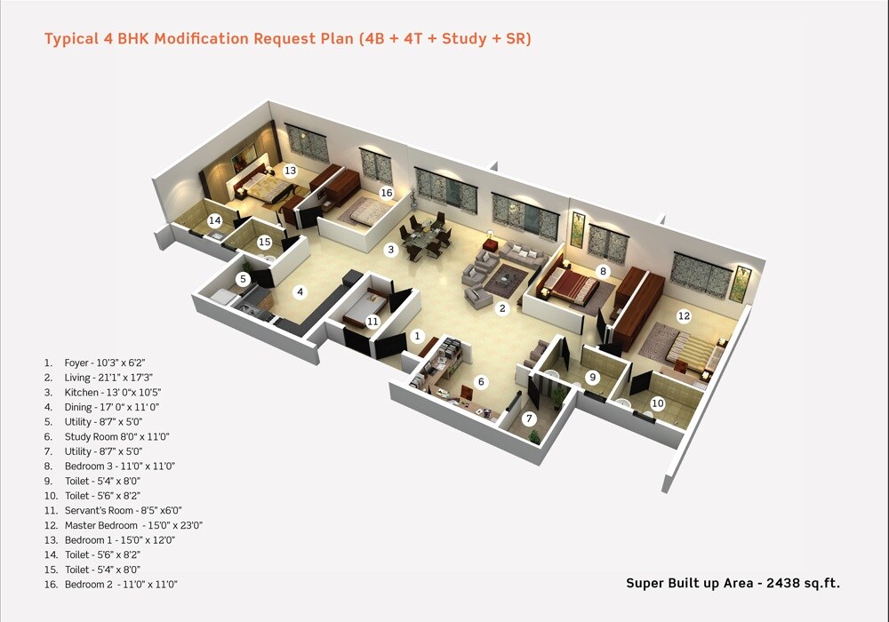 Floor plan of 4 BHK 2438 Sq. Ft. Apartment in Purva Limousine Homes, Bangalore