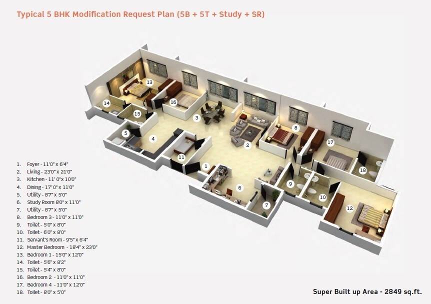Floor plan of 5 BHK 2849 Sq. Ft. Apartment in Purva Limousine Homes, Bangalore
