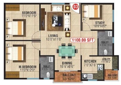 Floor plan of 2 BHK 1100 Sq. Ft. Apartment in Purva Mithra Apoorva Elite, Bangalore