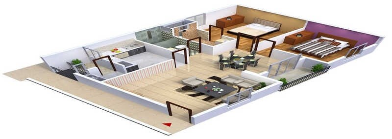 Floor plan of 2 BHK 970 Sq. Ft. Apartment in Purva Mithra Apoorva Elite, Bangalore