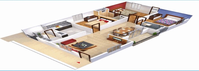 Floor plan of 3 BHK 1360 Sq. Ft. Apartment in Purva Mithra Apoorva Elite, Bangalore
