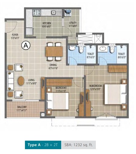 Floor plan of 2 BHK 1232 Sq. Ft. Apartment in Purva Palm Beach, Bangalore