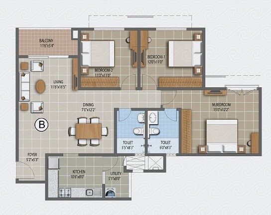 Floor plan of 3 BHK 1482 Sq. Ft. Apartment in Purva Palm Beach, Bangalore