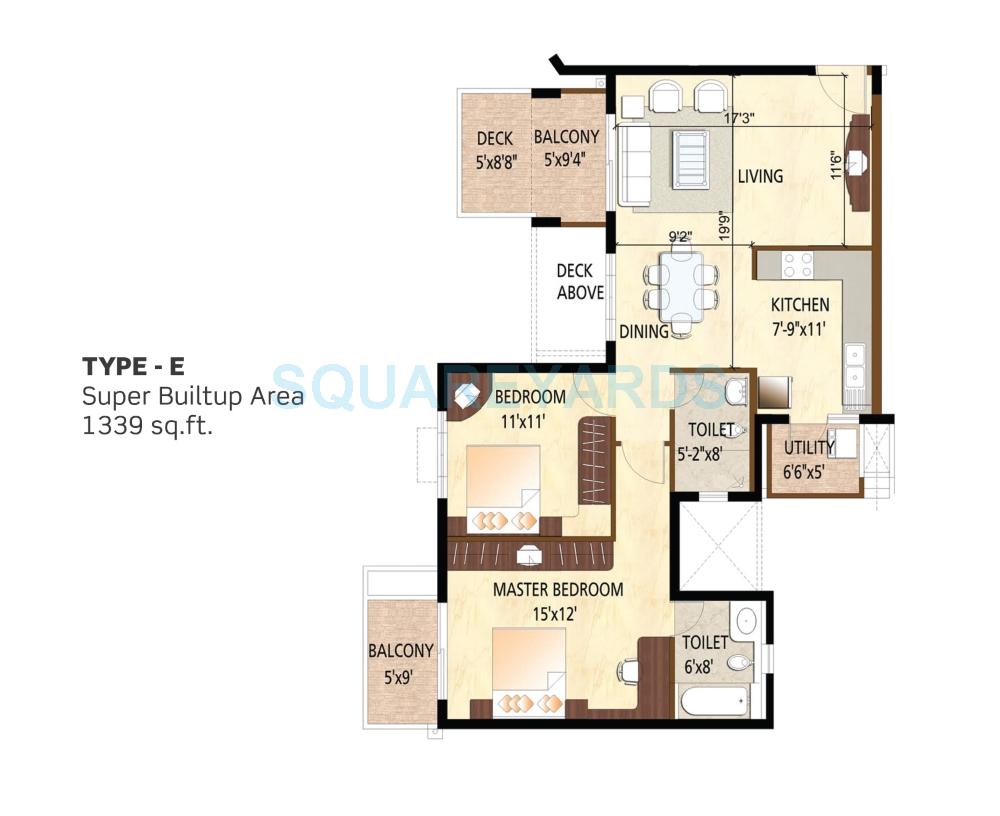 Floor plan of 2 BHK 1339 Sq. Ft. Apartment in Purva Scarlet Terraces, Bangalore