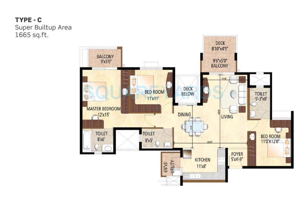 Floor plan of 3 BHK 1665 Sq. Ft. Apartment in Purva Scarlet Terraces, Bangalore