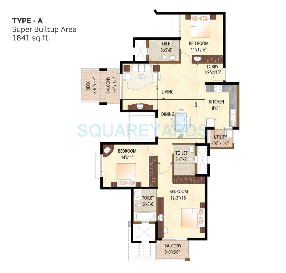 Floor plan of 3 BHK 1841 Sq. Ft. Apartment in Purva Scarlet Terraces, Bangalore