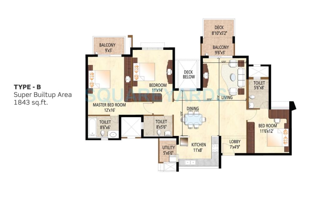 Floor plan of 3 BHK 1843 Sq. Ft. Apartment in Purva Scarlet Terraces, Bangalore