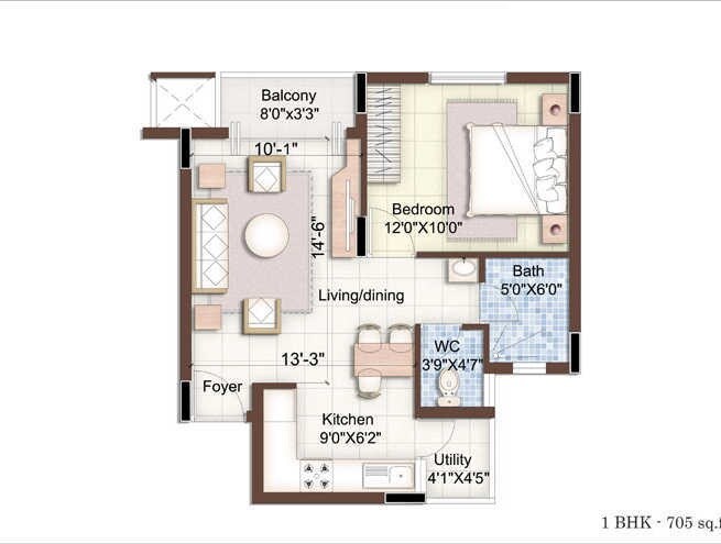 1 BHK 705 Sq. Ft. Apartment