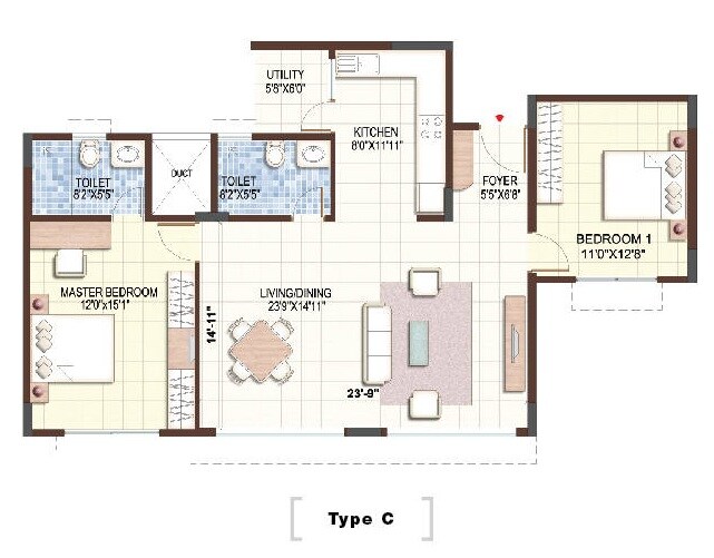 Floor plan of 2 BHK 1216 Sq. Ft. Apartment in Purva Sunflower, Bangalore