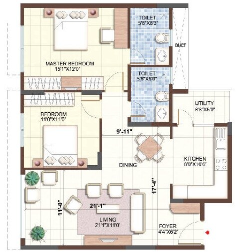 Floor plan of 2 BHK 1222 Sq. Ft. Apartment in Purva Sunflower, Bangalore