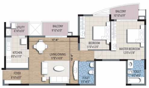 Floor plan of 2 BHK 1267 Sq. Ft. Apartment in Purva Venezia, Bangalore