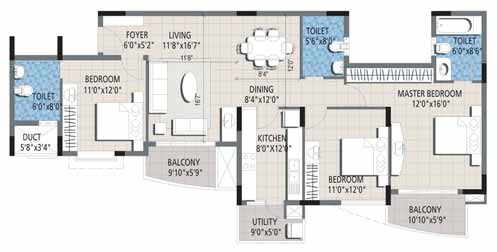 Floor plan of 3 BHK 1610 Sq. Ft. Apartment in Purva Venezia, Bangalore