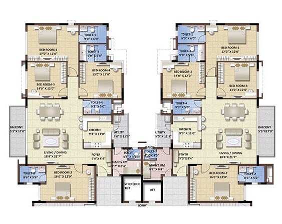 Floor plan of 4 BHK 2252 Sq. Ft. Apartment in Purva Whitehall 3, Bangalore