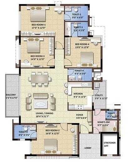 Floor plan of 4 BHK 2387 Sq. Ft. Apartment in Purva Whitehall 3, Bangalore