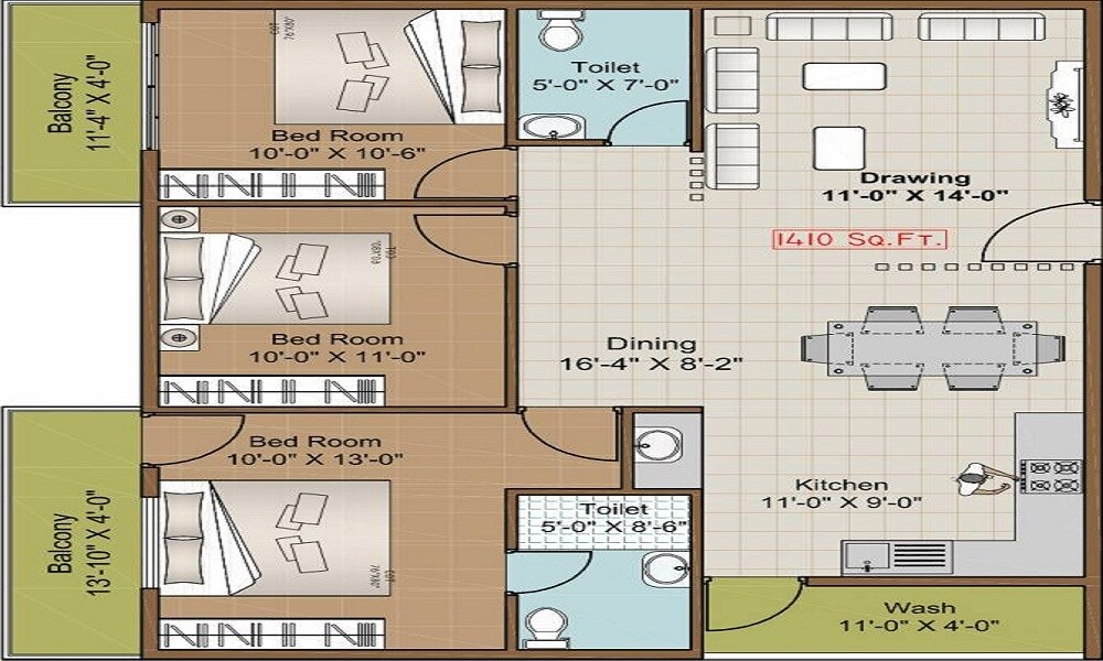 Floor plan of 3 BHK 1410 Sq. Ft. Apartment in Purvi Khosala, Bangalore