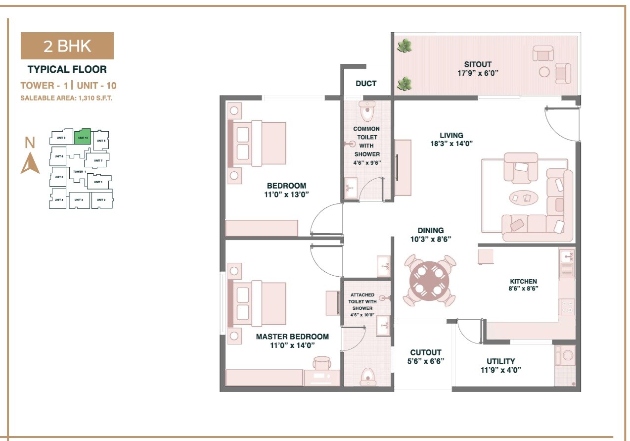 Floor plan of 2 BHK 1310 Sq. Ft. Apartment in Pushkalam Heritage, Bangalore